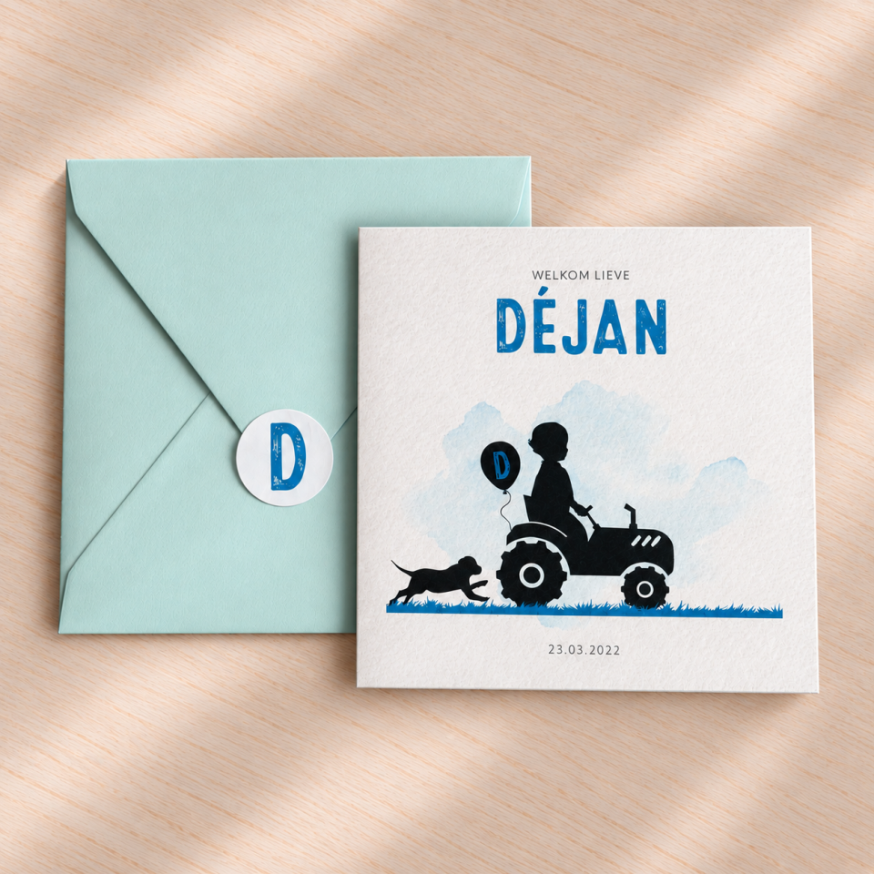 Dejan geboortekaartje tractor boerderij hond