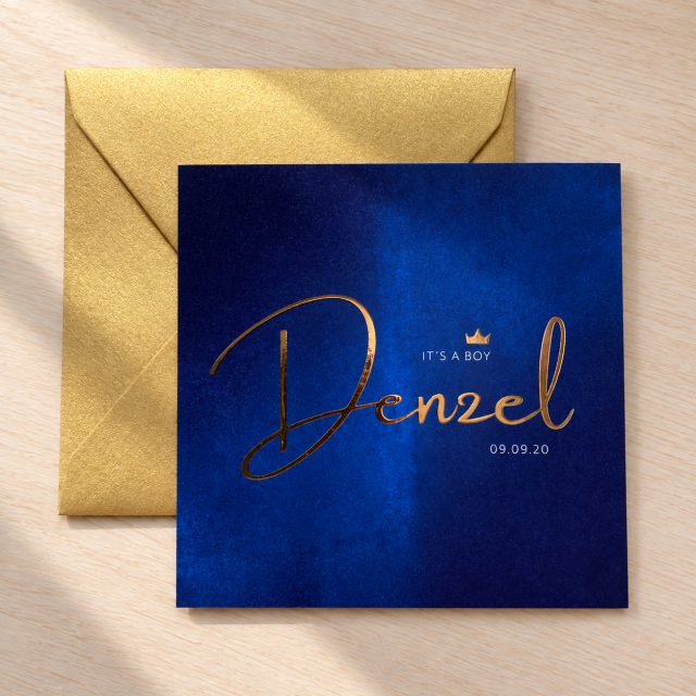 Geboortekaartje Denzel blauw goudfolie foliedruk