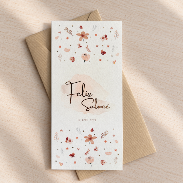 Geboortekaartje foliedruk bloemen lief