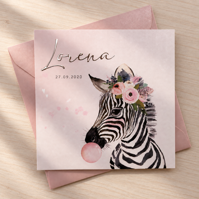 Geboortekaartje Lorena zebra zilverfolie 3luik