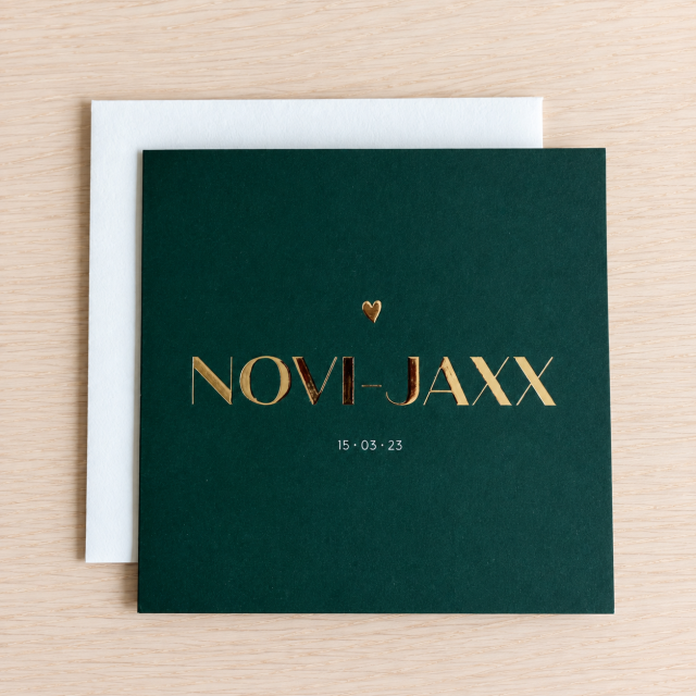 Geboortekaartje Novi Jaxx donkergroen goudfolie